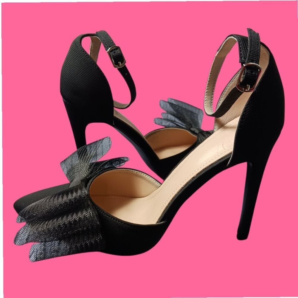 C.Sexy Heels W/Tulle Bow Detail & Ankle Strap Elegant Women Shoes Blk Size 37 - Picture 10 of 16